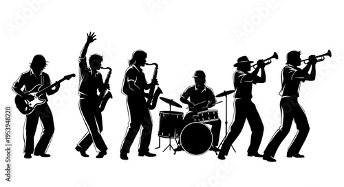 Silhouette of a jazz band performing music together.