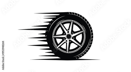 A stylized black and white illustration depicts a speeding wheel with motion lines high quality