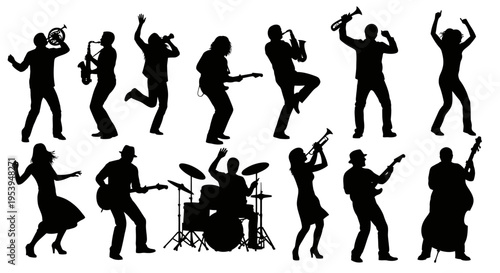 Silhouette Musicians Performing on Stage with Instruments.