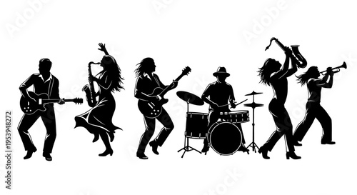 Collection of energetic musician silhouettes playing instruments.