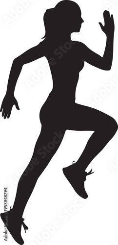 Dynamic silhouette of a woman in mid-jump with arms raised in triumphant motion