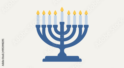 Blue Hanukkah Menorah with Nine Lit Candles.