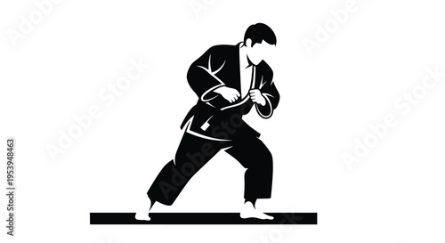 A stylized black and white silhouette depicts a man practicing a martial art possibly karate