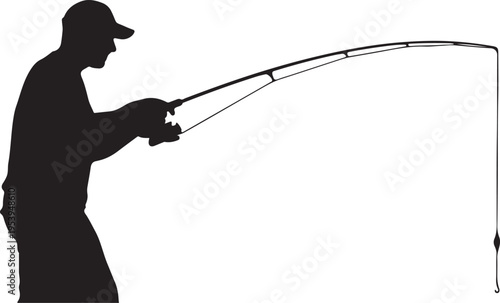 Silhouette of a person engaged in recreational fishing by a lake or river.