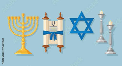 Jewish religious symbols including menorah Torah scroll Star of David and pillars.
