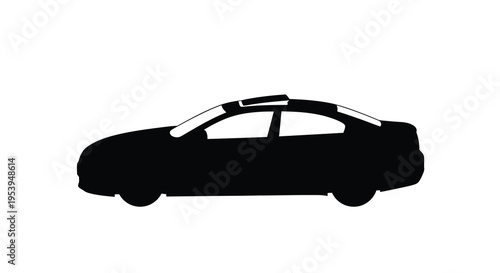 A stark black silhouette depicts a modern sedan vehicle from a side profile view