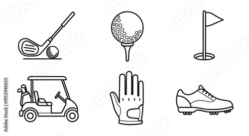 Golf equipment icons club ball tee cart glove and shoe outlines