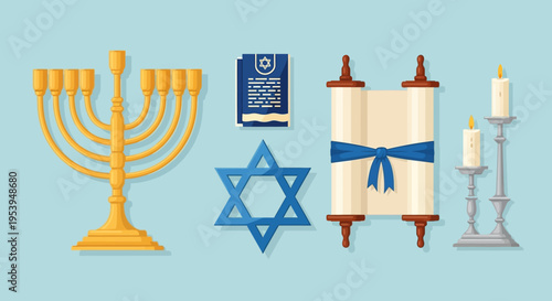 Jewish Symbols: Menorah Star of David Torah Scroll Prayer Book and Candlesticks.