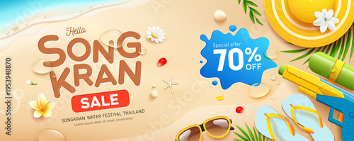 Songkran water festival thailand, water gun and water drop, coconut leaf,  flower, banners design on sandbeach background