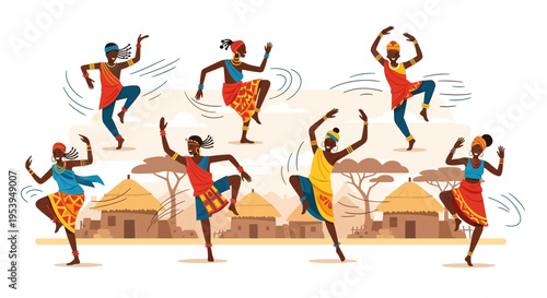 African dancers in colorful attire performing traditional movements with energy and joy.