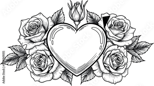 Vintage Heart Frame with Rose Flowers and Leaves Romantic Floral Engraving Style Decorative Valentine Design Vector Illustration
