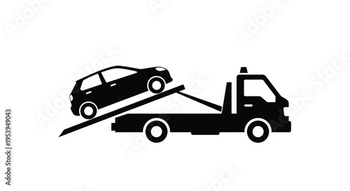 A black silhouette depicts a compact car being transported on a flatbed tow truck