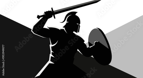 Silhouette of a Warrior in Action with Sword and Shield.