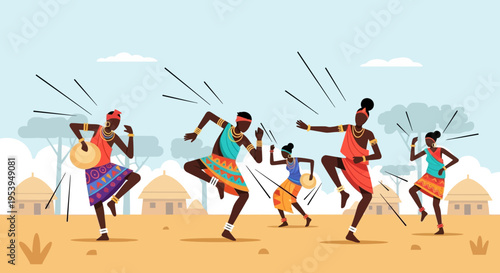 Vibrant African Dancers in Traditional Attire Expressing Joyful Movement.