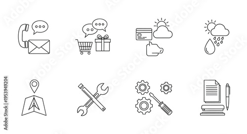 Collection of simple line icons representing communication shopping and services