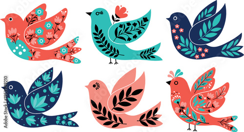 Decorative folk art birds vector set with floral patterns, colorful wings and Scandinavian style illustration