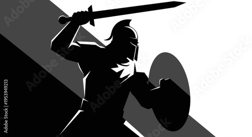Silhouette of an ancient warrior in a dynamic fighting pose.