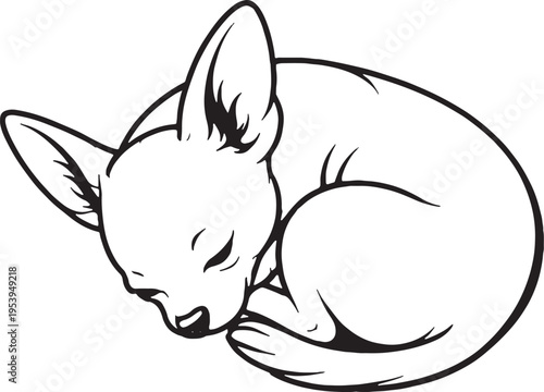 Chihuahua Sleeping Curled Donut Top View Black and White Line Art Illustration