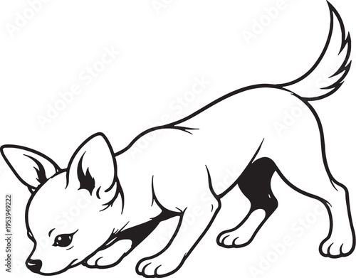 Chihuahua Sniff Tracking Nose Down Side View Black and White Line Art