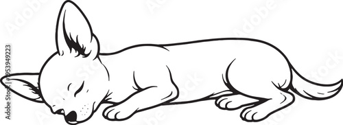 Chihuahua Sleeping on Side Relaxed Pose Black and White Line Art Illustration
