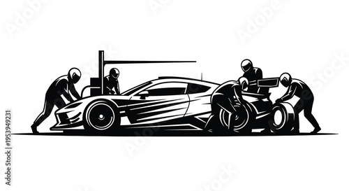 A dynamic black and white illustration depicts a racing team performing a swift pit stop