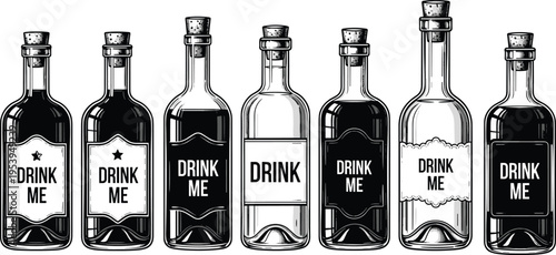 Vector illustration of seven vintage glass bottles with cork stoppers and “Drink Me” labels, whimsical design, fantasy packaging art set