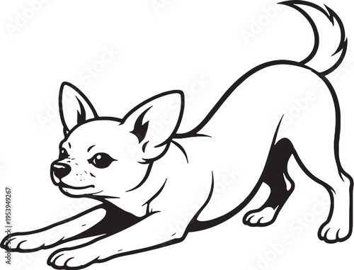 Chihuahua Play Bow Pose Side View Black and White Line Art Illustration