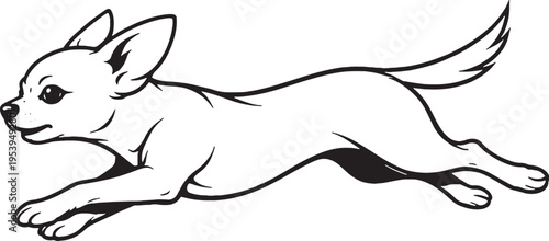 Chihuahua Running Sprint Side View Black and White Line Art Illustration