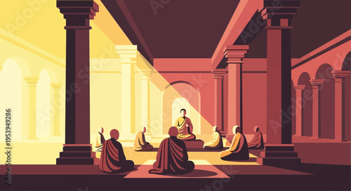 Monks Meditating in a Temple with Sunlight.