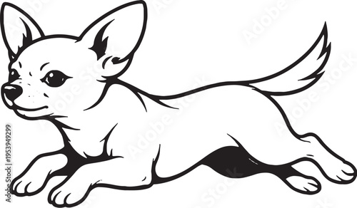 Chihuahua Jumping Mid Air Side View Black and White Line Art Illustration