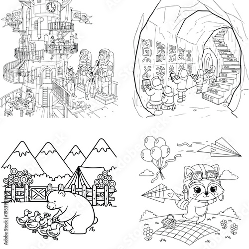Enchanting fantasy worlds, charming animals, and natural landscapes coloring book pages