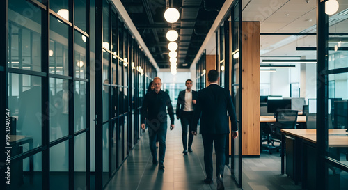 Cinematic eye-level view of a bustling modern office corridor with people in motion, showcasing corporate activity, dynamic workflow, teamwork, and contemporary workplace environment.