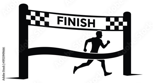 A silhouetted runner crosses a finish line marked with a checkered flag banner high quality