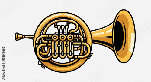 Golden French Horn Musical Instrument Detailed Close Up View.