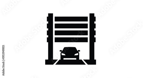 A simple black and white illustration depicts a vehicle passing through a security gateway