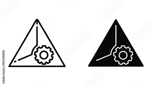 triangle gear icons, black and white vector illustration, flat design