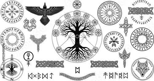 Norse mythology symbols with Yggdrasil tree of life, runes, ravens and sacred geometry, Viking spiritual black vector illustration collection