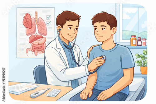 Doctor examining a young boy with a stethoscope in a bright, friendly clinic setting