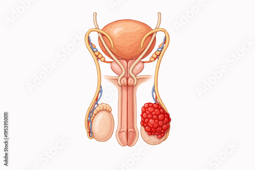 Illustration of the male reproductive system highlighting a cancerous tumor on the testicle