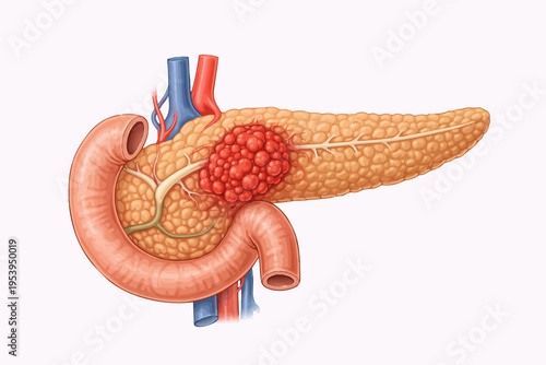 Anatomical illustration of a pancreas with a tumor and surrounding duodenum and blood vessels
