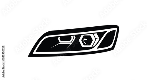 A detailed black and white illustration depicts a modern car headlight design showcasing its complex internal structure