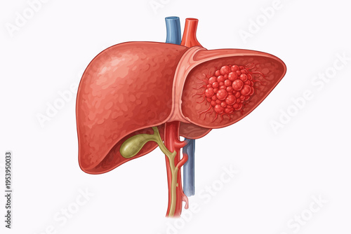Detailed anatomical illustration of the human liver with blood vessels
