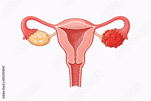 Illustration of a healthy ovary and a diseased ovary next to the uterus