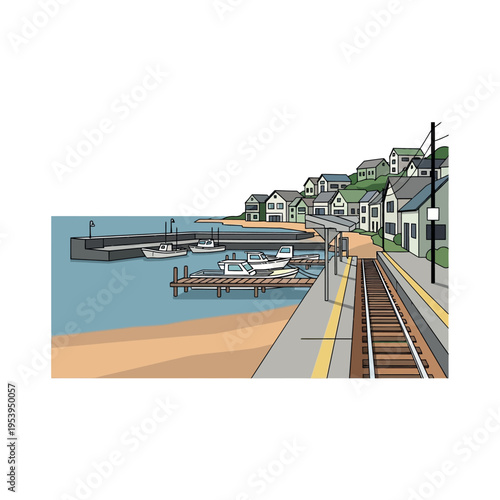 Train Tracks Along Coastal Town.