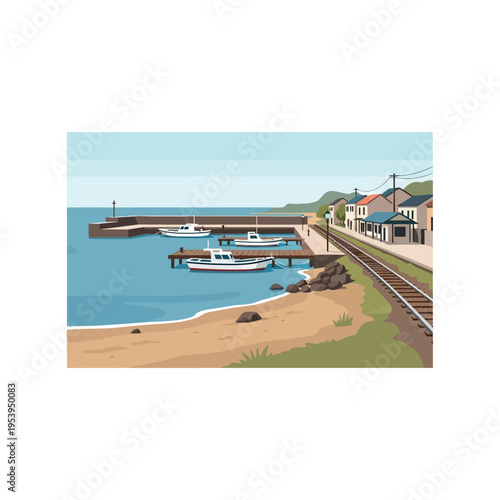 Boats docked at seaside harbour entrance.