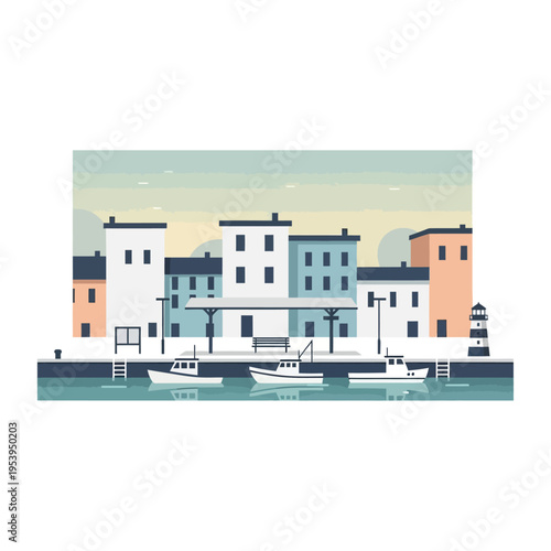 Colorful Buildings and Boats by Waterfront.