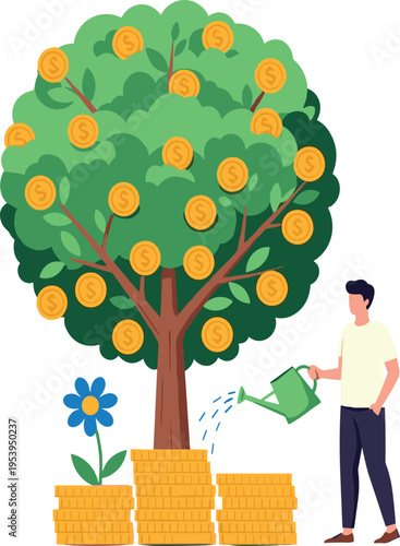 Businessman harvesting money from money tree concept illustration showing financial growth, investment profit, wealth generation, savings success and passive income business idea