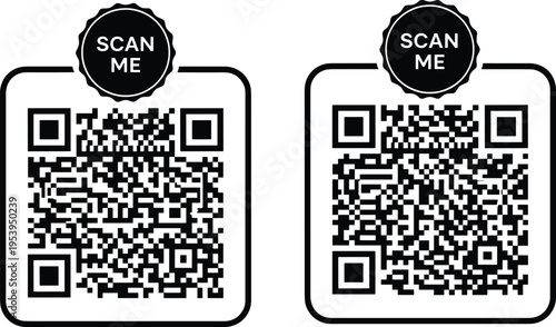 Vector illustration of two QR codes with rounded square borders and “SCAN ME” labels, digital information sharing, modern mobile technology design