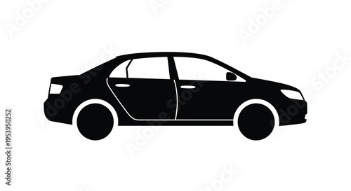 A sleek black silhouette of a modern sedan with an open driver s side door