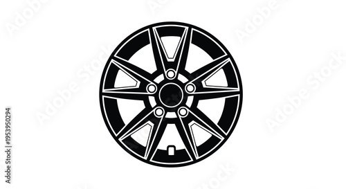 A stark black and white illustration depicts a detailed automotive wheel with a complex spoke design